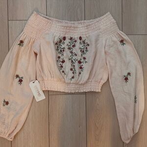 Off-Shoulder Embroidered Floral Smocked Top